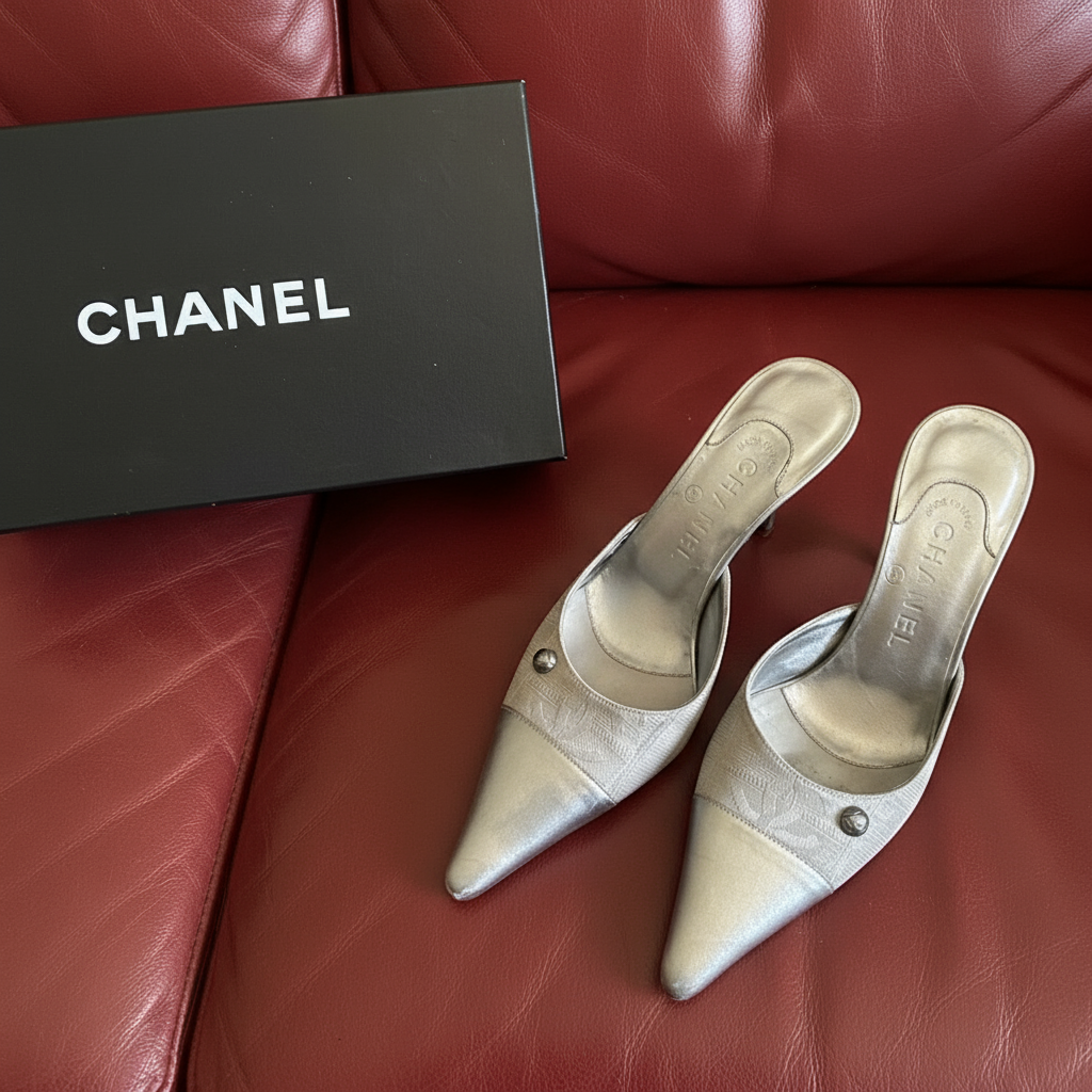 7US SILVER CHANEL POINTED TOE