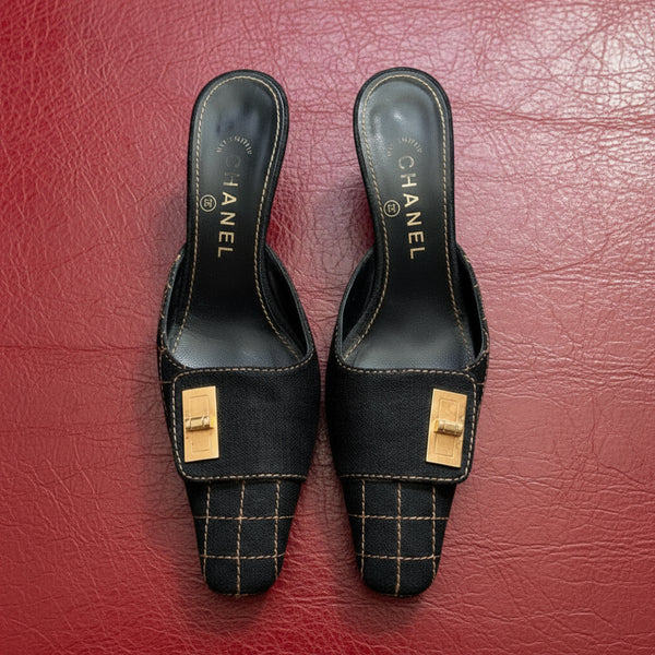 8US BLACK CHANEL PLAID POINTED TOE