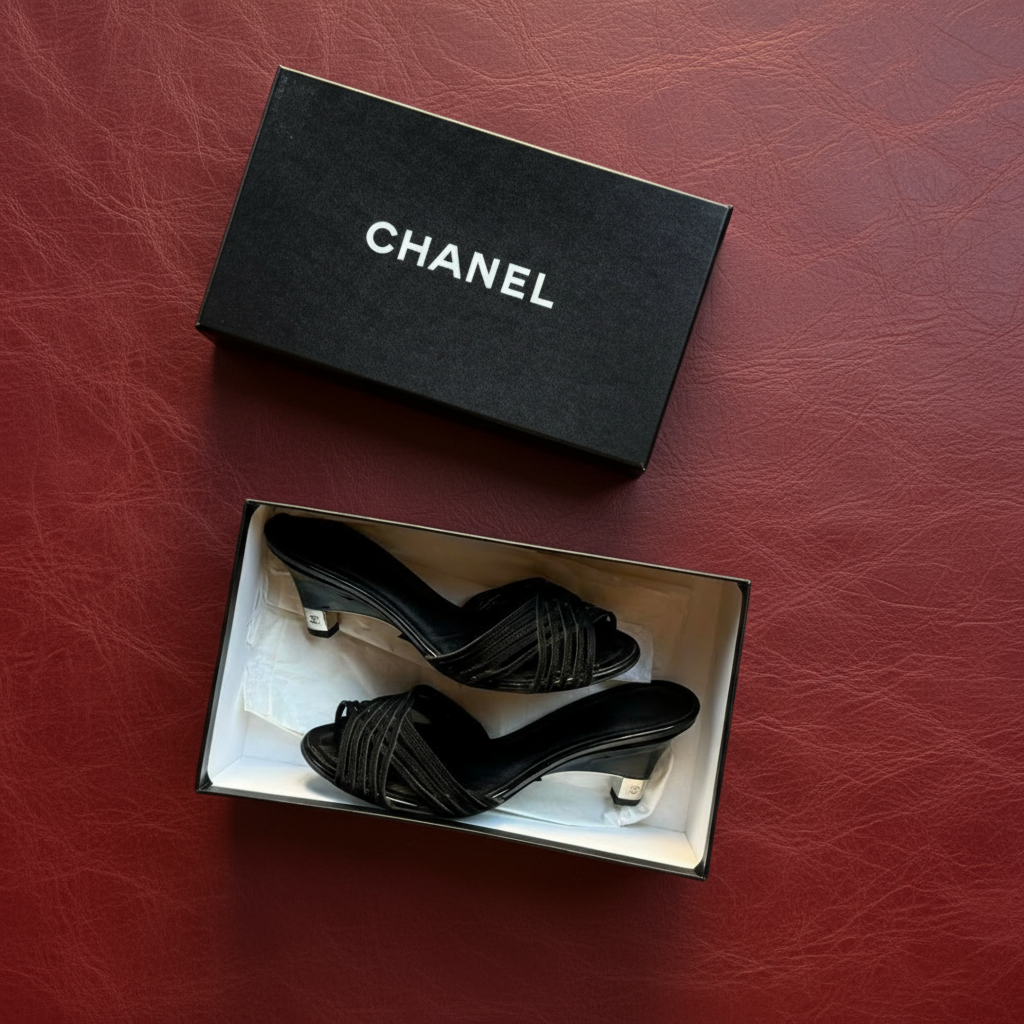 7US CHANEL STRAP KITTEN HEELS