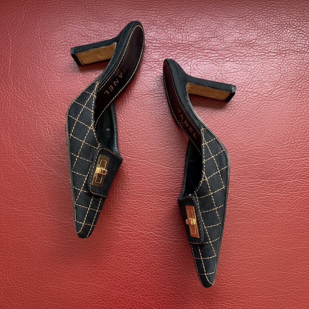 8US BLACK CHANEL PLAID POINTED TOE
