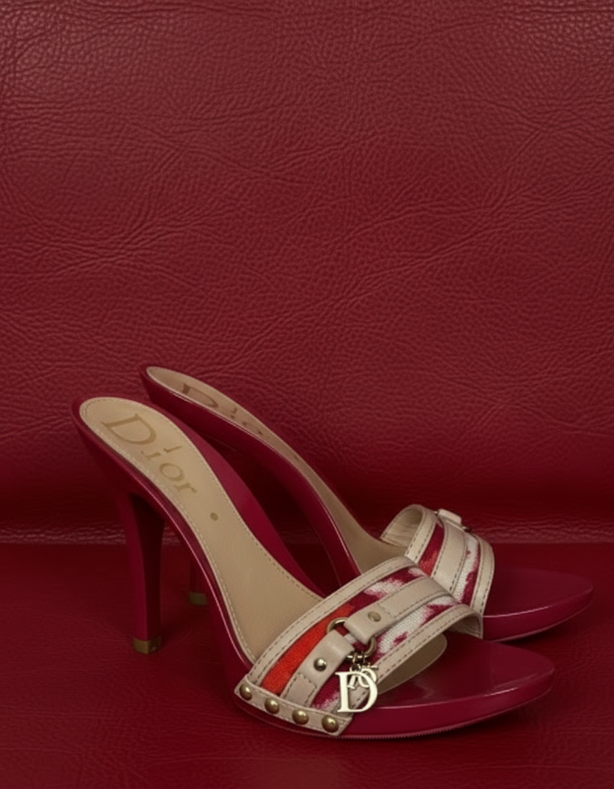 7US Christian Dior Red Cream Mules