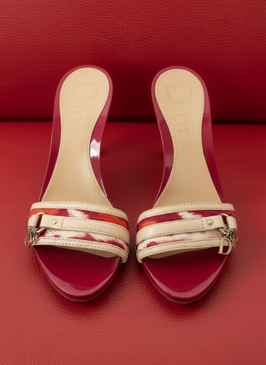 7US Christian Dior Red Cream Mules